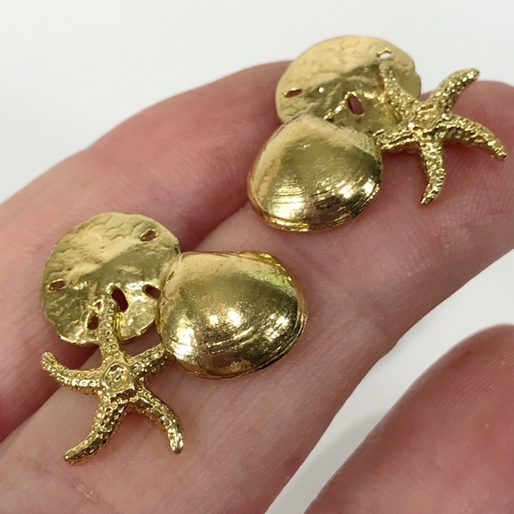 14K Gold Filled Sand Dollar Starfish Clam Shell Cluster Post Stud Earring Signed - Picture 9 of 15